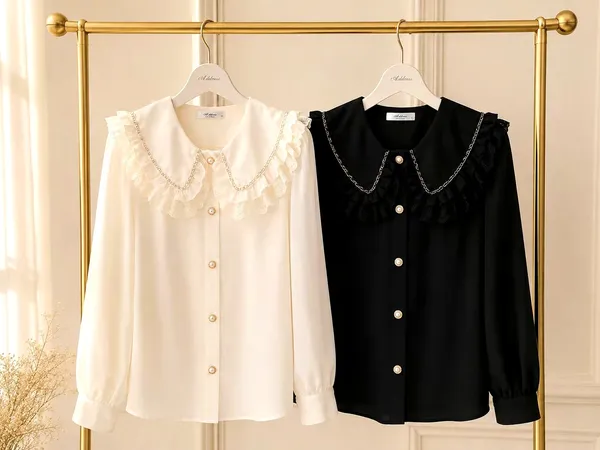 Elegant Lace Collar Women's Top, Classic Black and White Combination