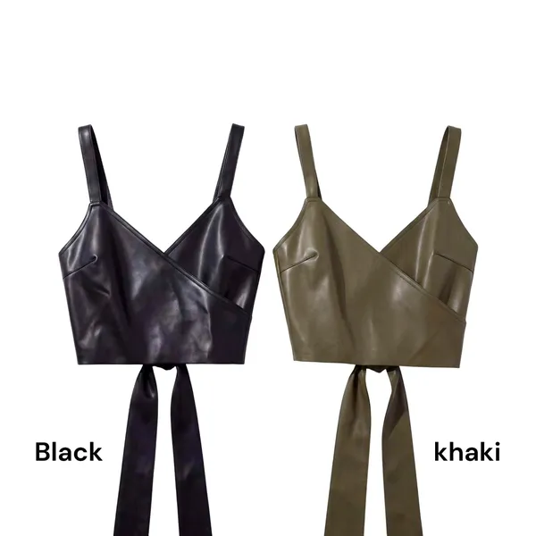 Stylish Leather Cami Top, Available in Black and Khaki