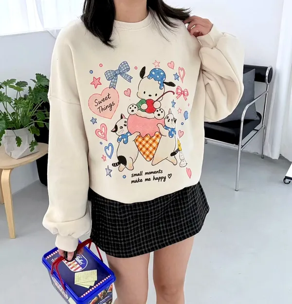 เสื้อยืดลายการ์ตูนน่ารักแบบหลวม สไตล์สบายๆ หวานๆ