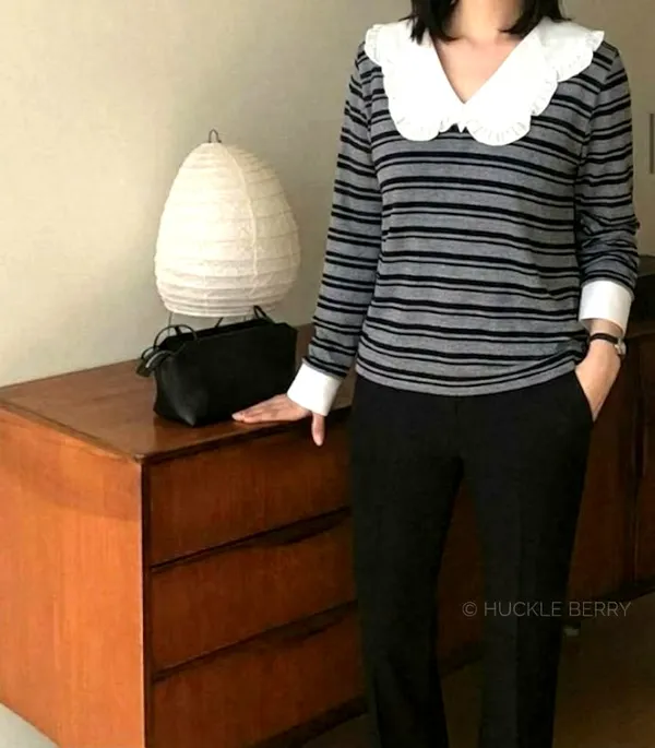 Striped Lace Collar Long Sleeve T-Shirt - Elegant and Fashionable