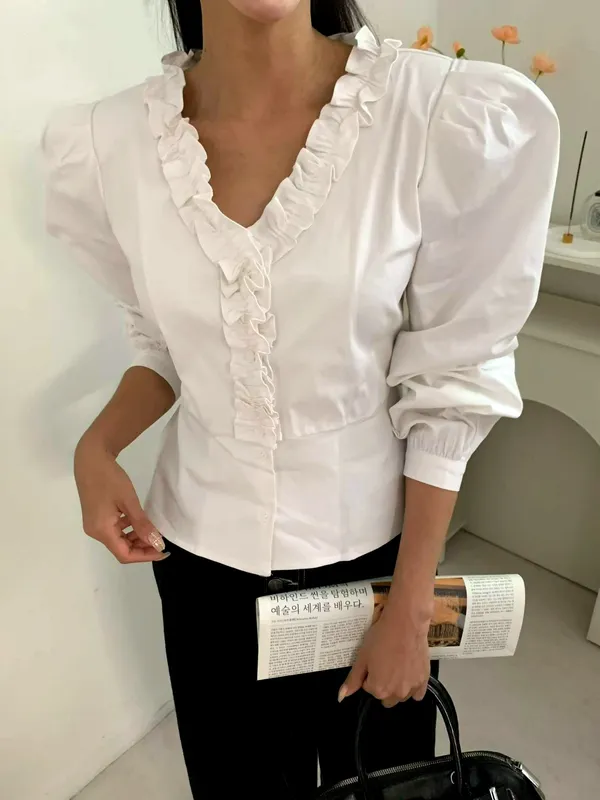 Elegant Ruffled Shirt, Showcasing Feminine Charm