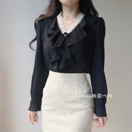 Elegant Lace Trimmed Long Sleeve Shirt
