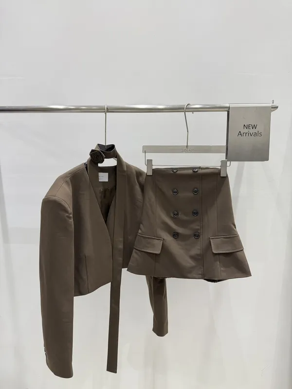 Stylish Slim-Fit Brown Short Jacket and High-Waisted Skirt Set