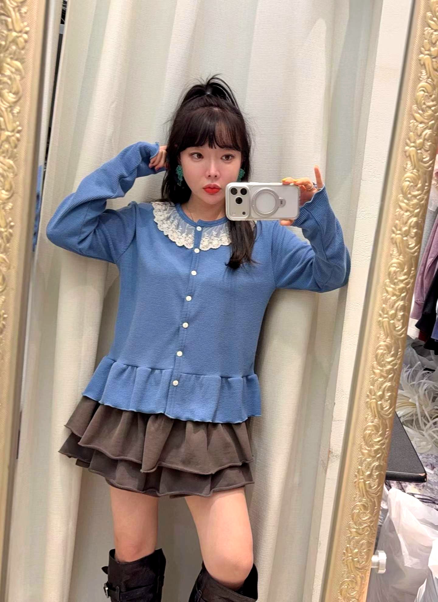 달콤하고 귀여운 여성용 가디건, 레이스 칼라 디자인, 편안하고 다재다능