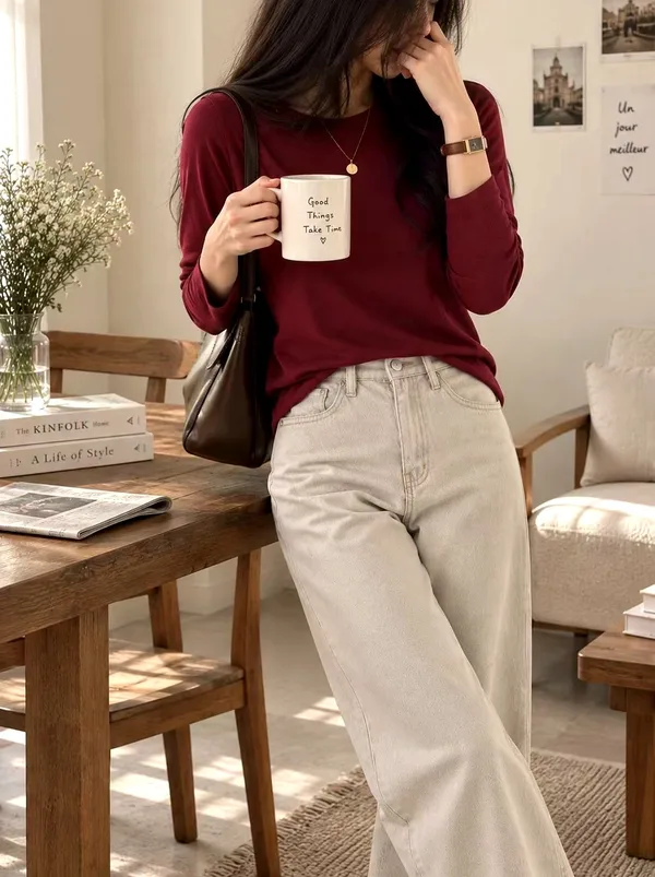 Fashionable minimalist women's long-sleeve top, comfortable and versatile.