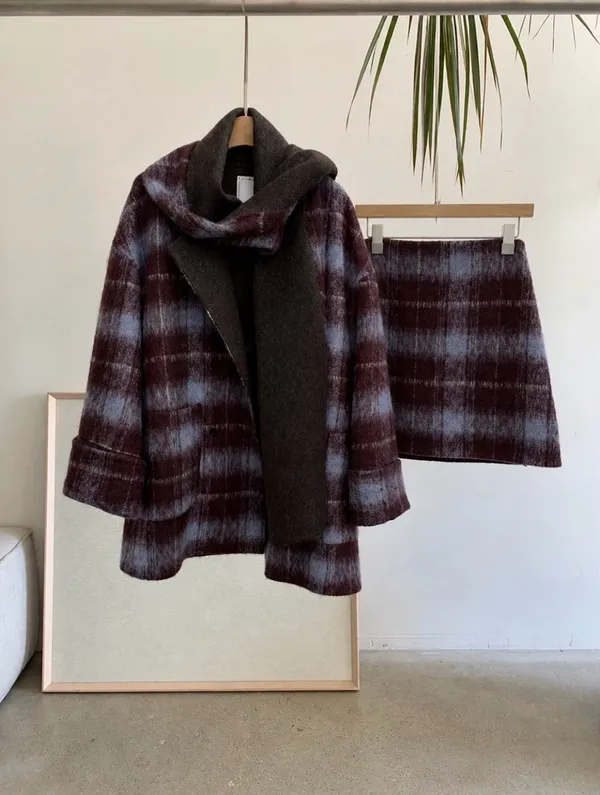 Warm Plaid Coat and Skirt Set