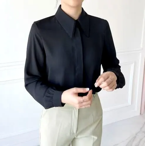 우아한 블랙 여성용 탑, 클래식 라펠 디자인