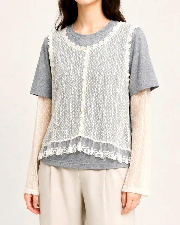 Elegant Lace Panel Short Sleeve Top