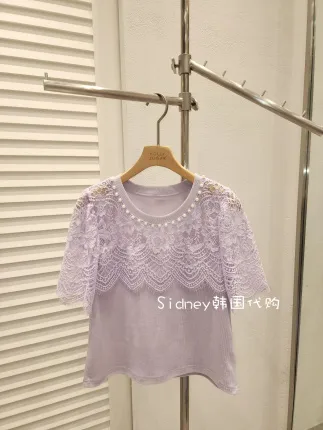 Lace-Trimmed Short Sleeve T-Shirt in Refreshing Purple - A Summer Essential