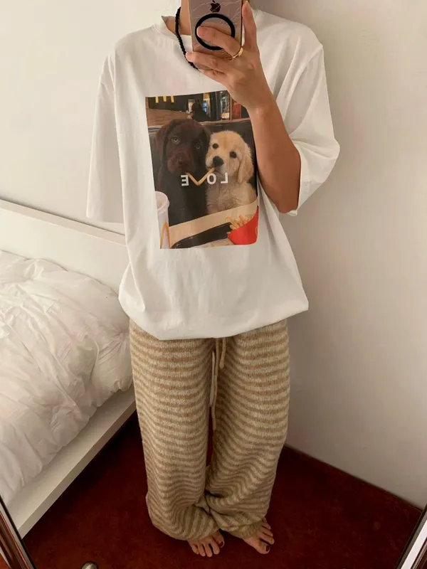 T-Shirt Longgar Cetakan Anjing Comel, Gaya Santai yang Selesa