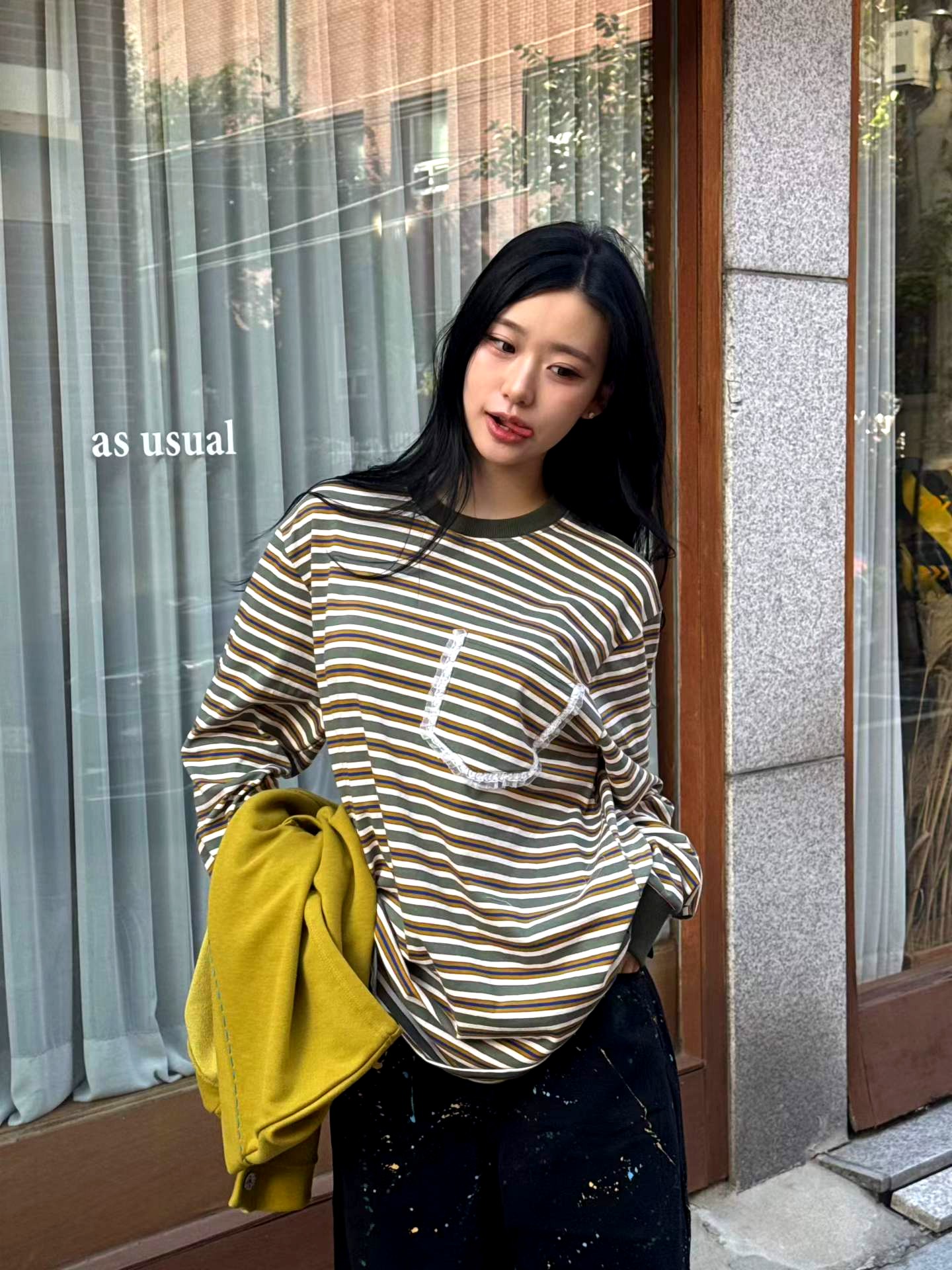 스트라이프 긴팔 티셔츠, 편안한 캐주얼 스타일