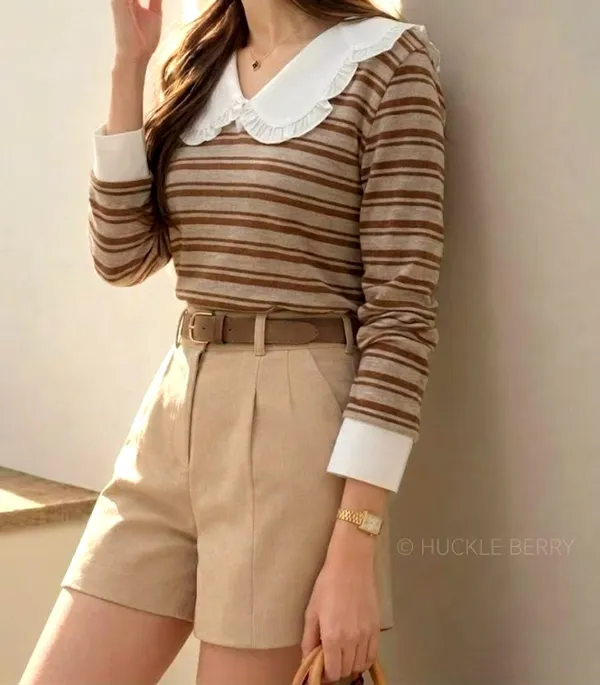 Stylish Striped Women's T-Shirt with Elegant Collar Design