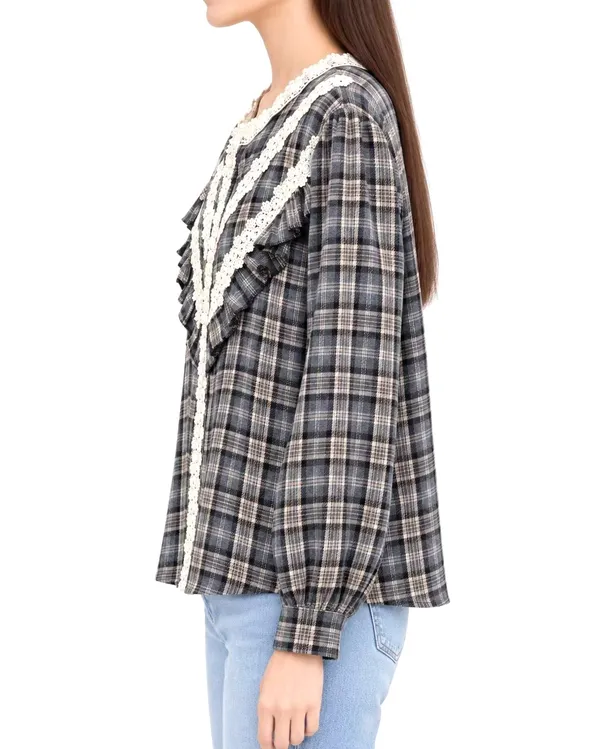 復古格紋蕾絲拼接女裝上衣