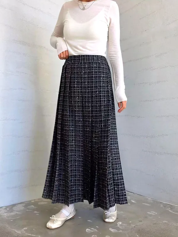 Elegant Plaid Women's Midi Skirt, Light and Flowing