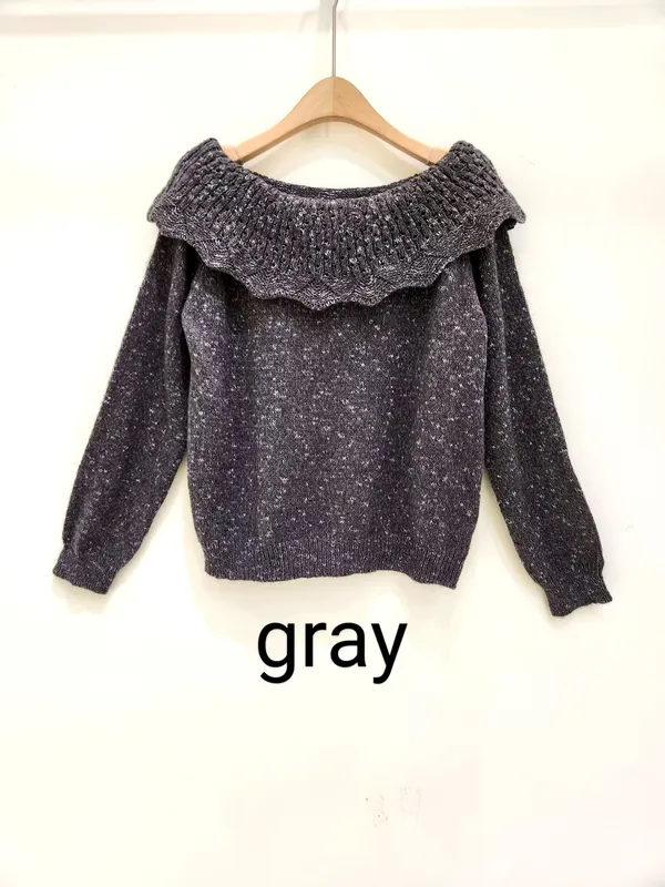 Gray Lace Trim Off-Shoulder Sweater, Fashionable and Elegant