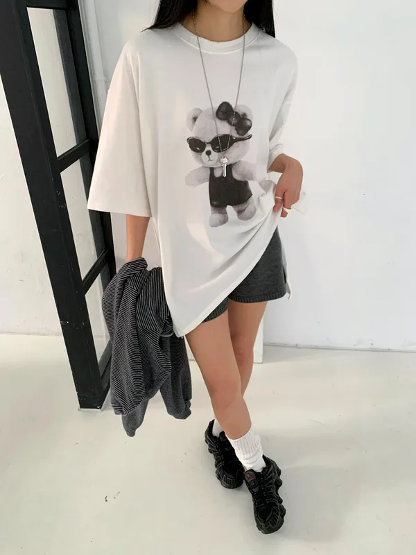 Cute Bear Pattern Loose T-Shirt, Fashionable Casual Style
