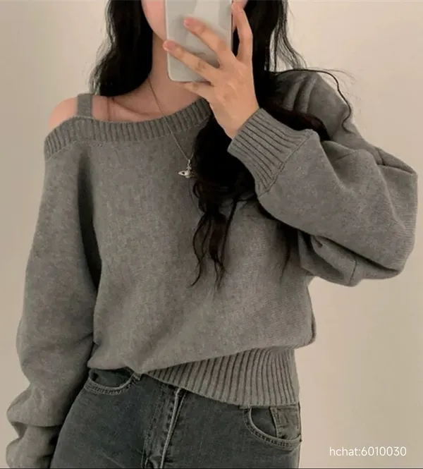 Fashionable Gray Off-Shoulder Knit Sweater, Comfortable and Versatile