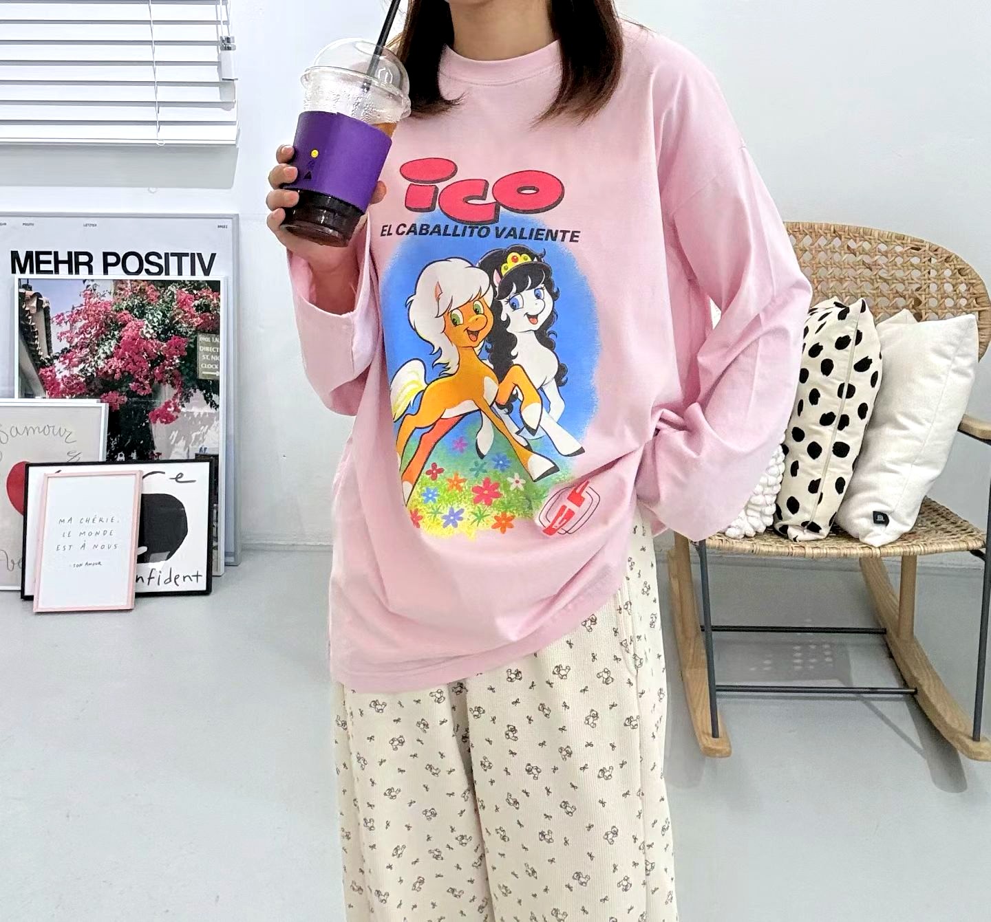 귀여운 만화 프린트 긴팔 티셔츠