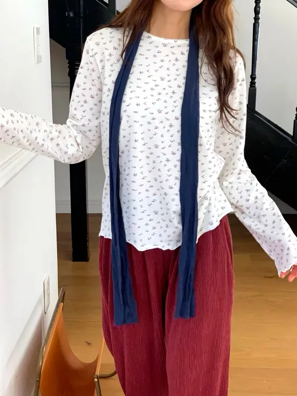 Fresh Floral Print Long Sleeve T-Shirt for Women, Comfortable and Versatile