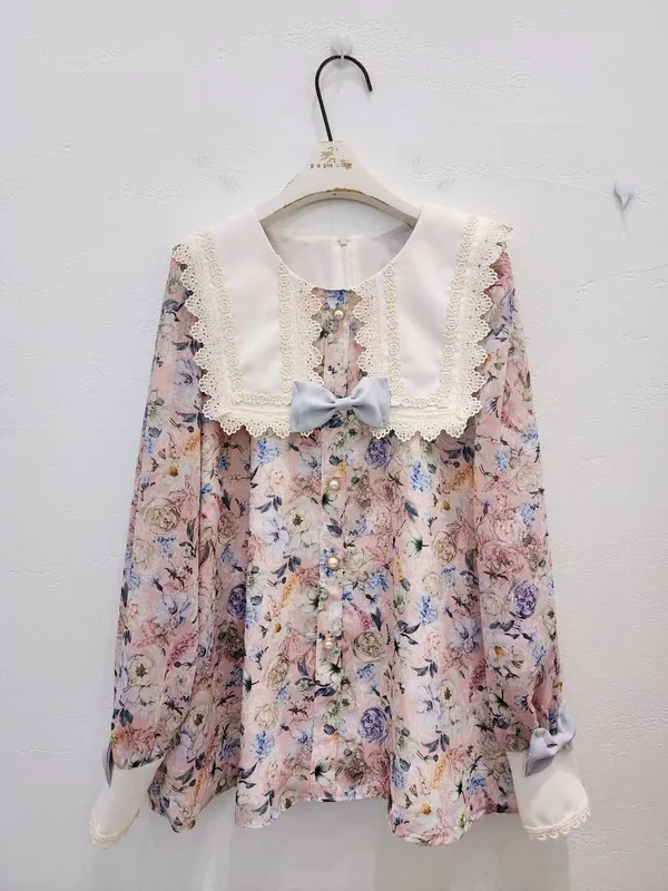 Floral Lace Collar Long Sleeve Shirt - Sweet and Cute Style