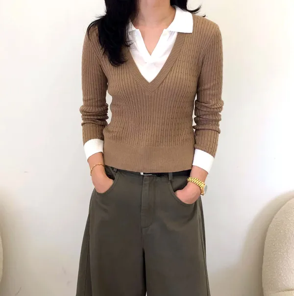 Stylish Slim-Fit V-Neck Knit Top, Comfortable and Versatile