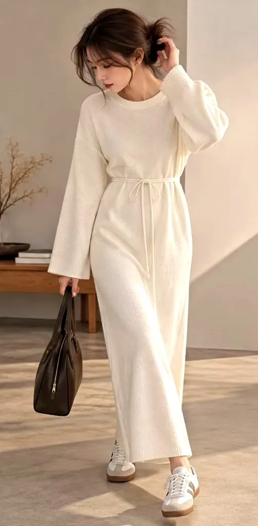 Elegant Long Sleeve Dress with Soft and Comfortable Knit Design