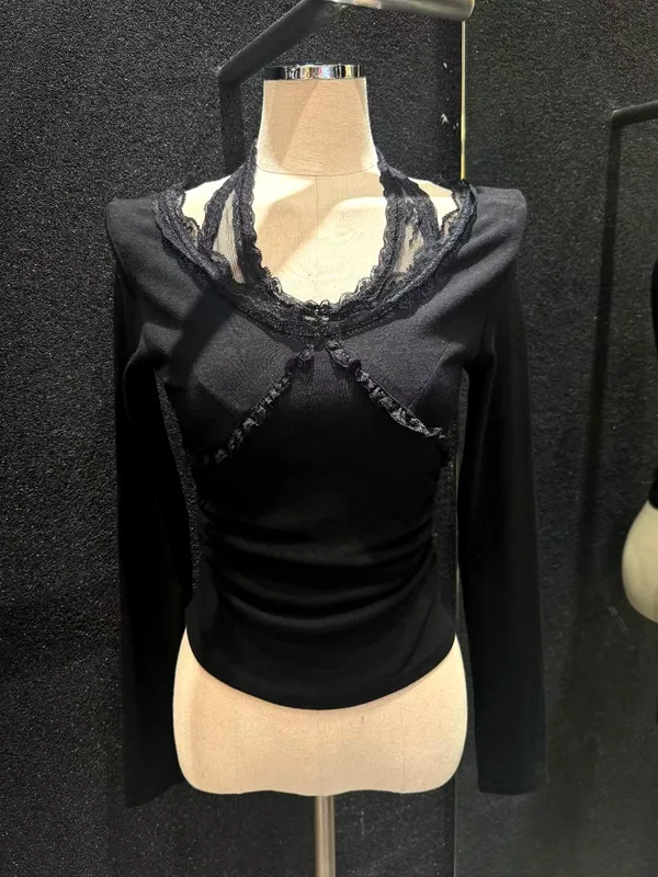 Elegant Lace-Trimmed Women's Top, Showcasing Alluring Curves