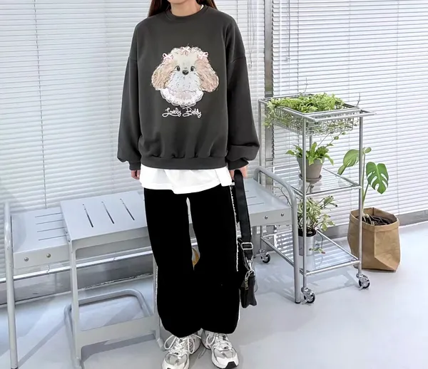 เสื้อยืดหลวมปักลายสุนัขน่ารัก