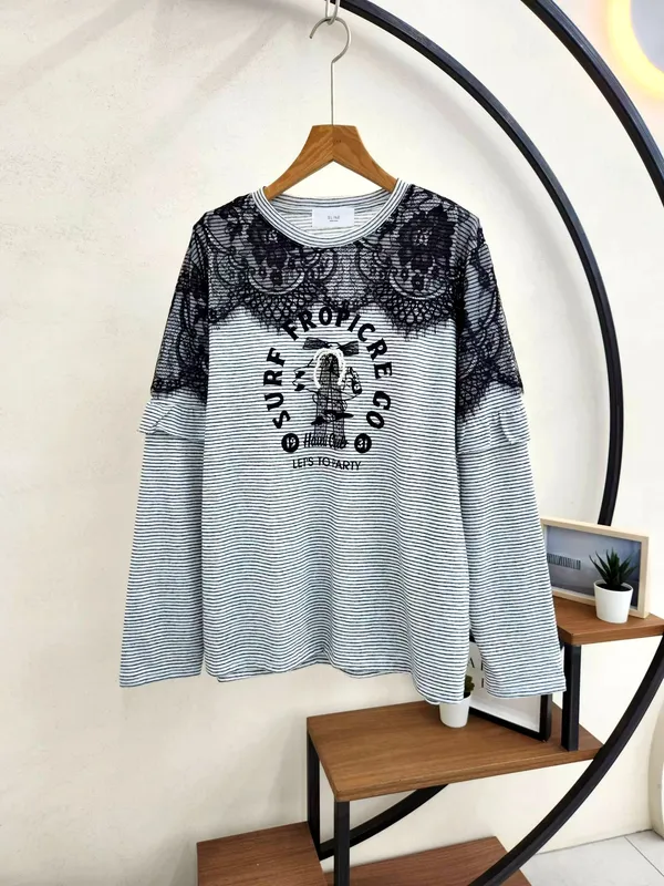 Stylish Striped Women's T-Shirt with Lace Design