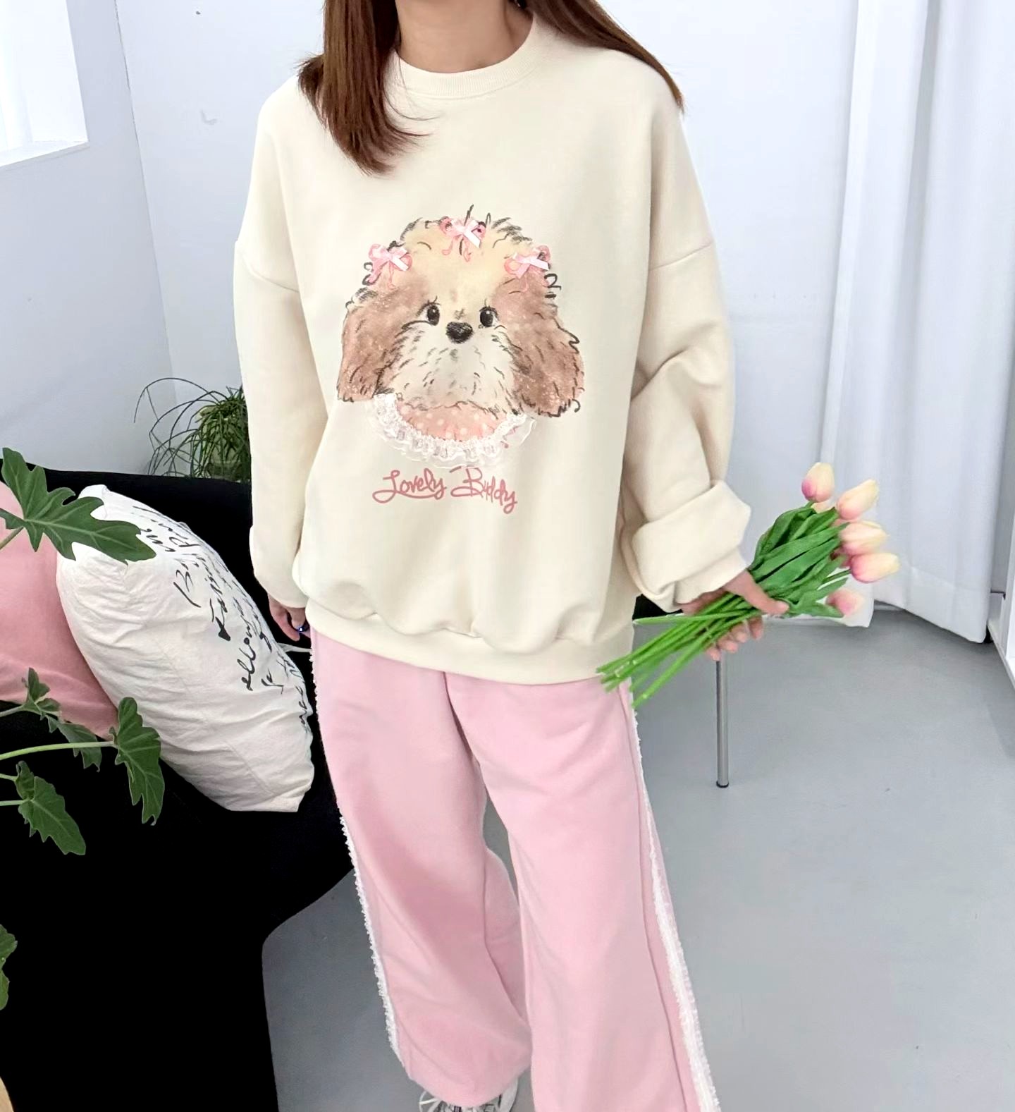귀여운 강아지 패턴 루즈 후드티
