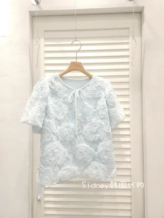 Fresh Blue Lace Short Sleeve Top, Elegant and Fashionable