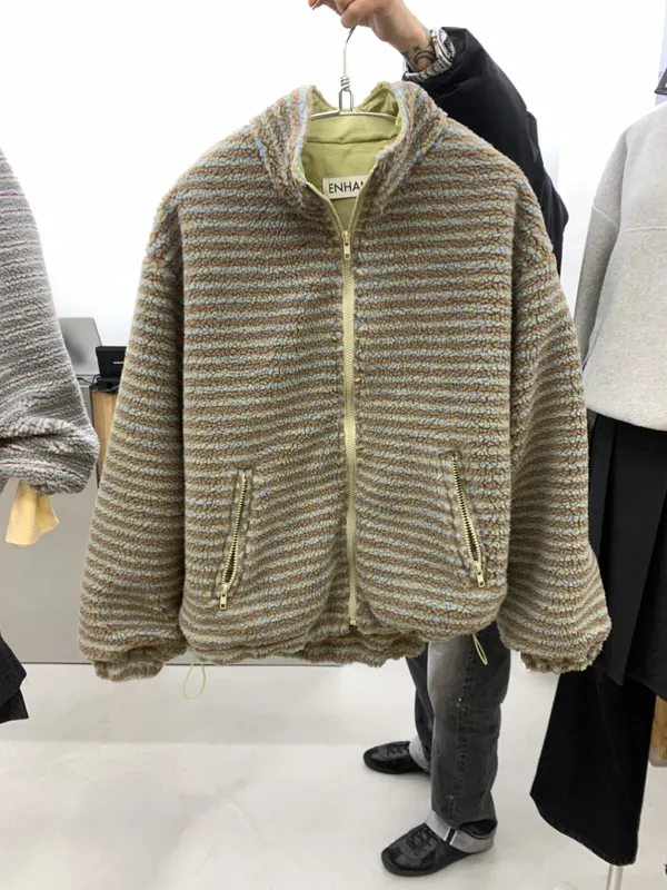 Stylish Striped Plush Coat - Warm and Comfortable