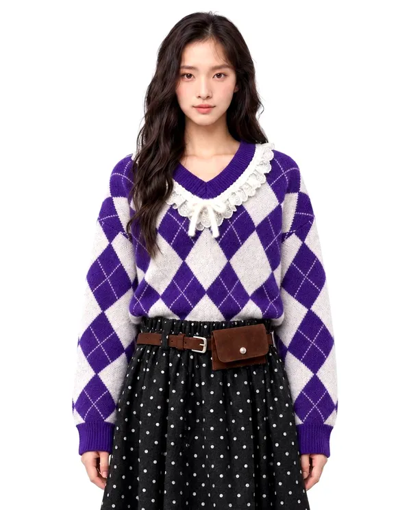 Purple Diamond Pattern Knit Top - Elegance Redefined