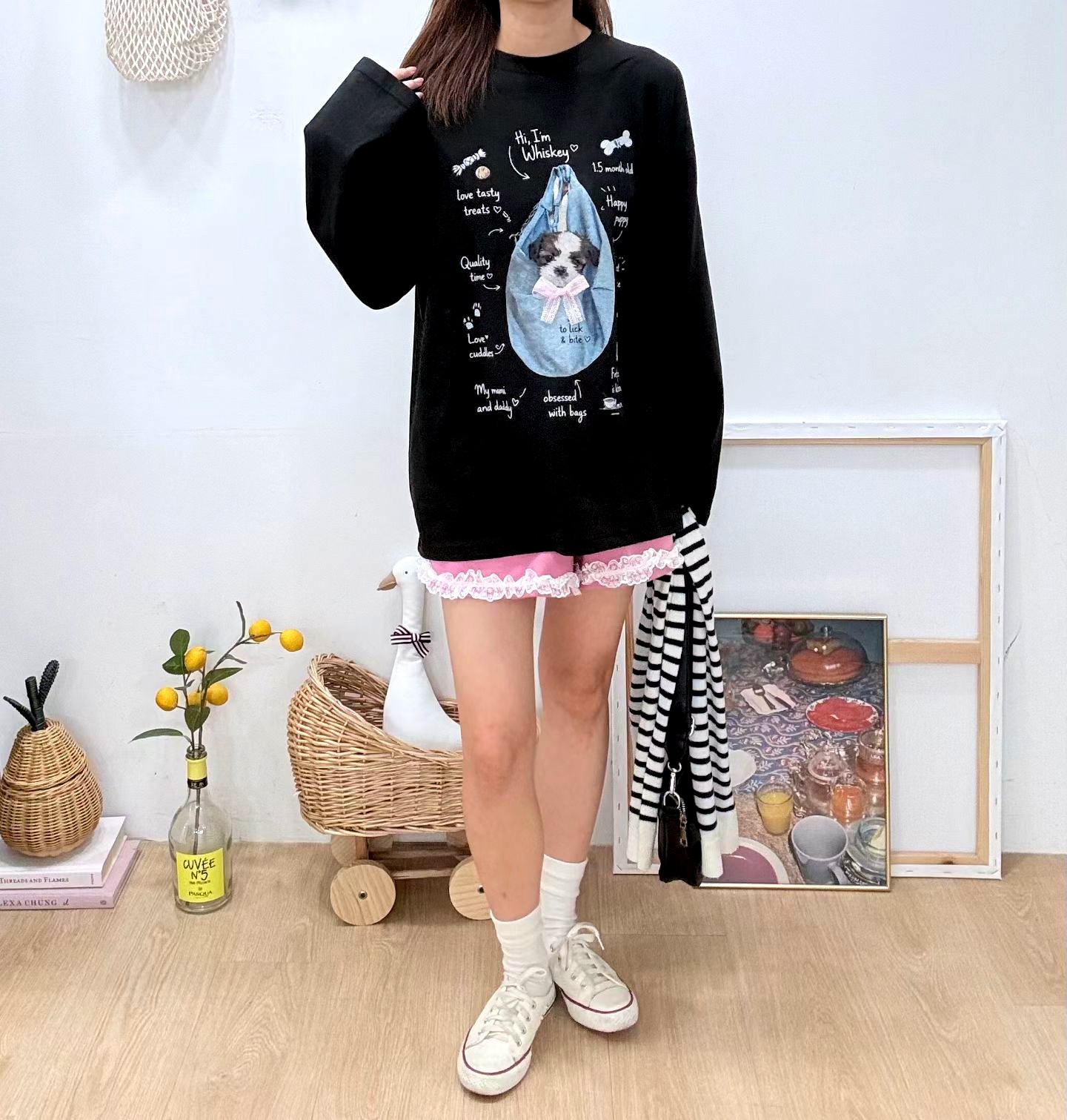 귀여운 강아지 패턴 루즈한 스웨트셔츠