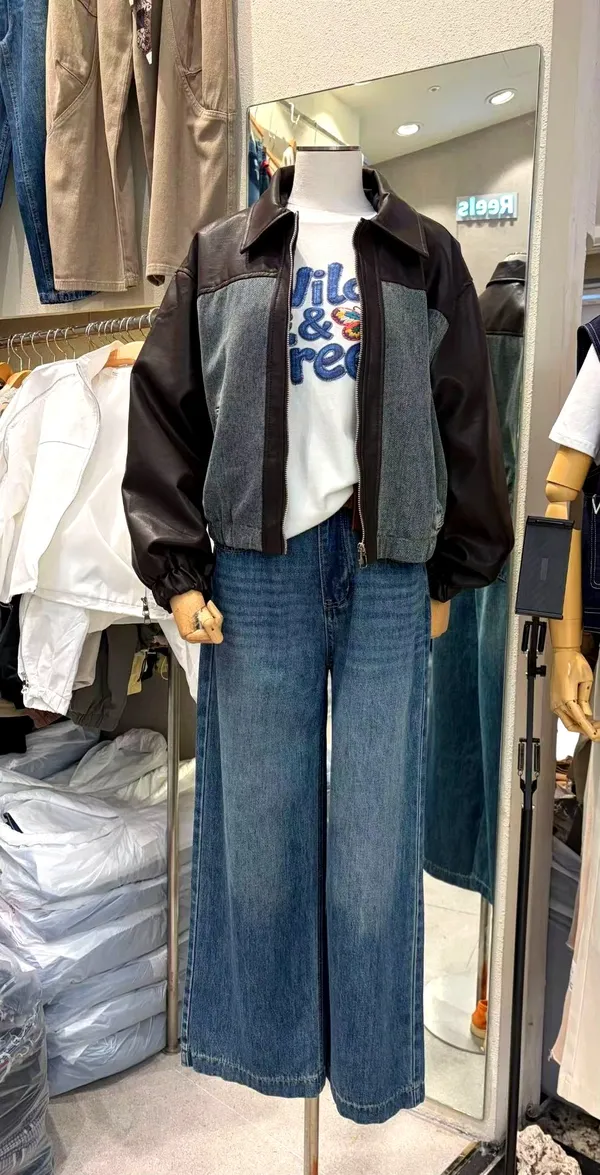 Fashion Women's Jacket with Denim and Leather Patchwork Design