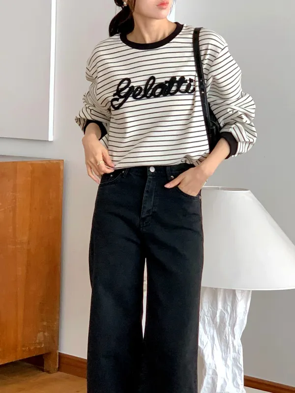Striped Letter Print Loose Top