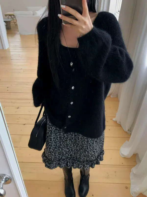Stylish Loose Knit Sweater Coat, Elegant Black Women's Top