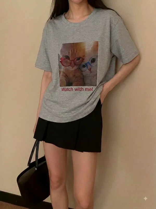 Cute Cat Print Short Sleeve T-Shirt