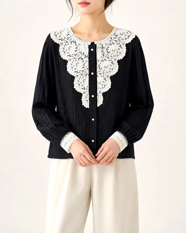 Elegant Lace-Panel Women's Top - Fashionable and Versatile