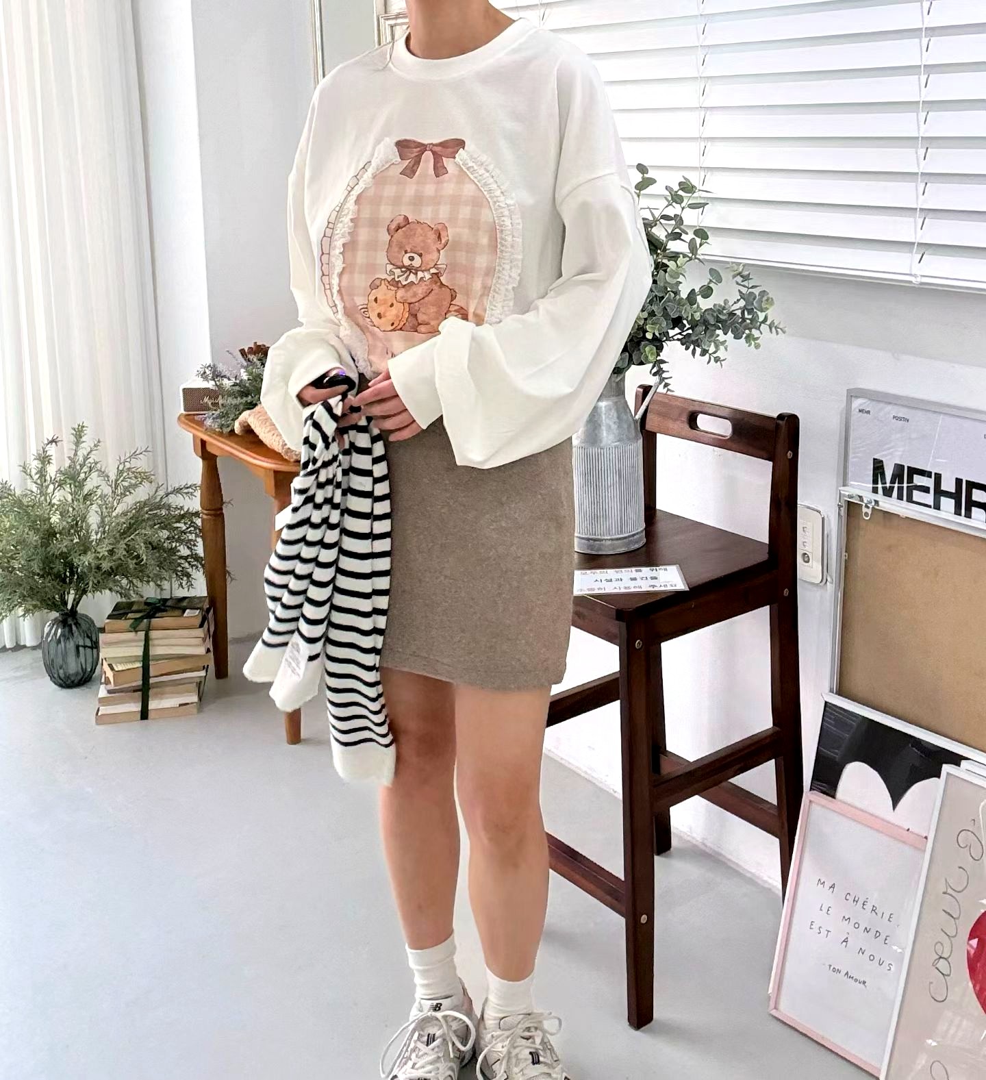 귀여운 만화 패턴 긴팔 티셔츠, 편안하고 다재다능