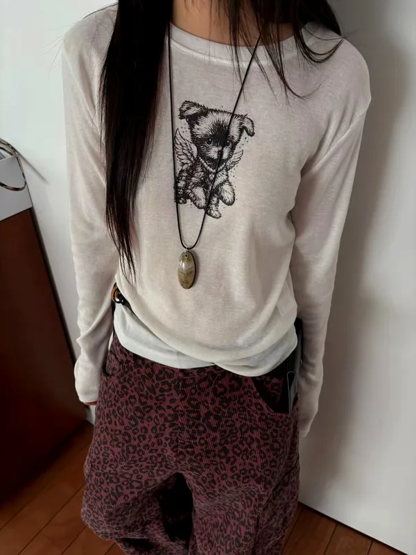 Cute Dog Embroidered Long Sleeve T-Shirt, Fashionable Casual Style