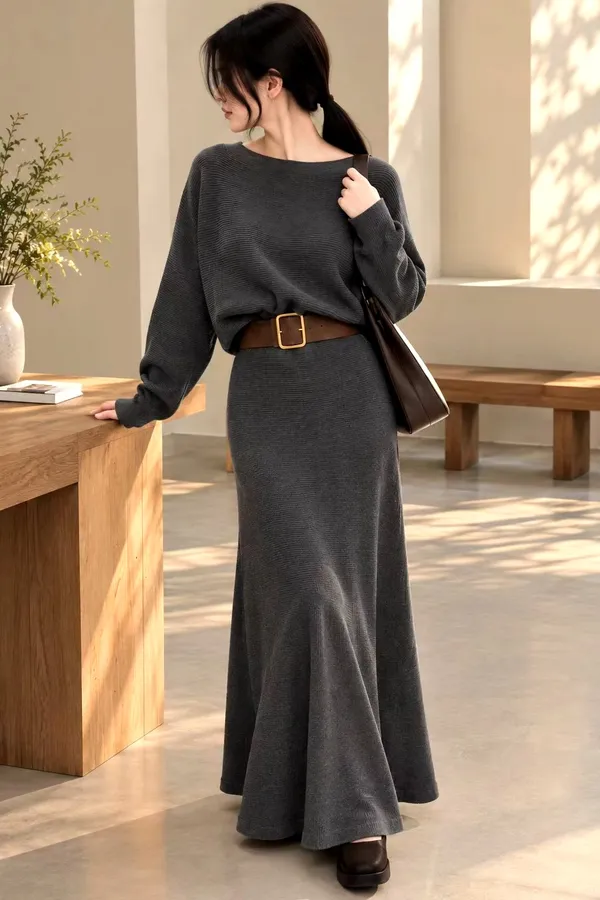 Elegant Women's Outfit Set - Comfortable Knitted Maxi Dress