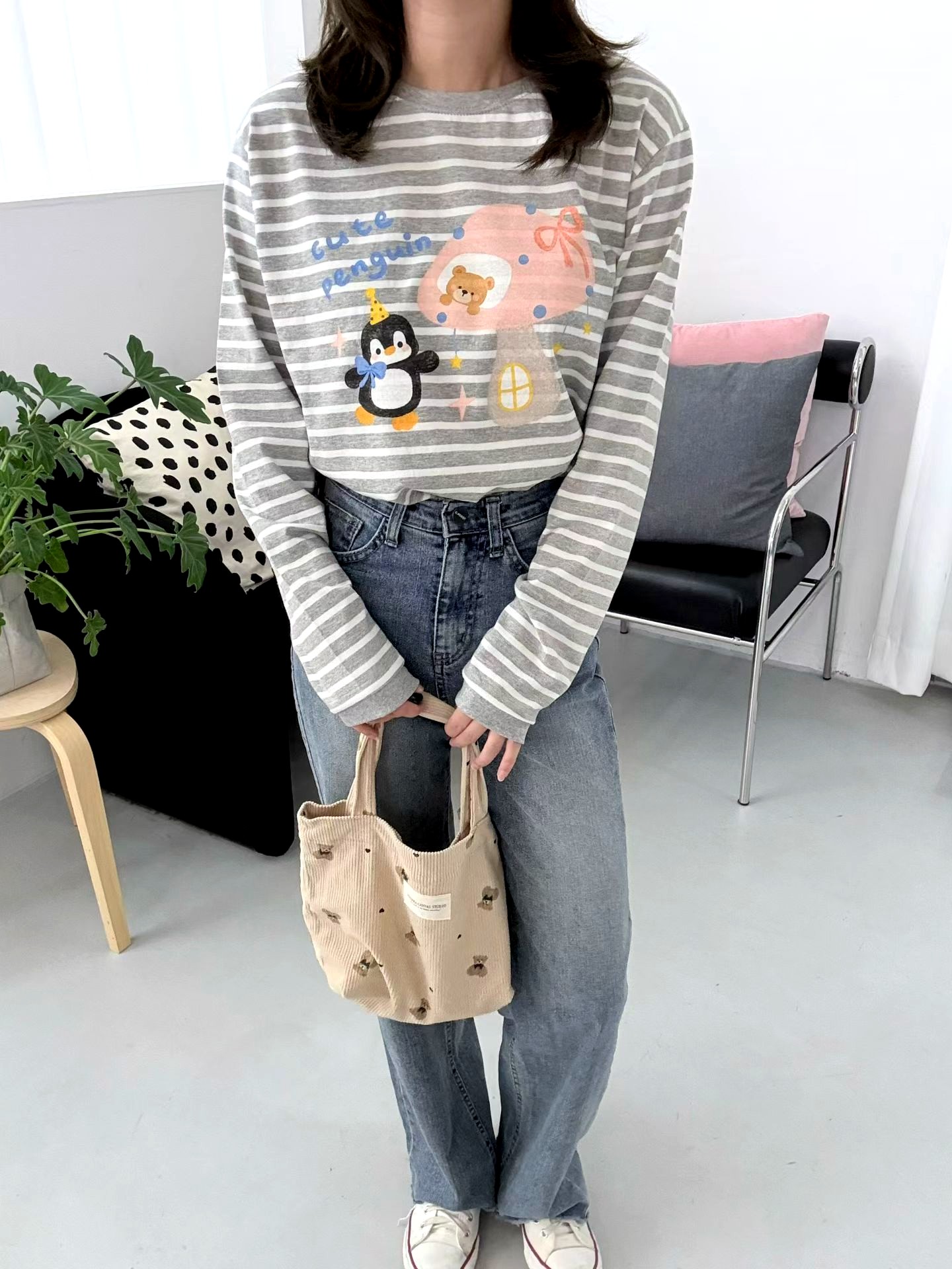 귀여운 만화 프린트 스트라이프 긴팔 티셔츠, 패셔너블하고 캐주얼