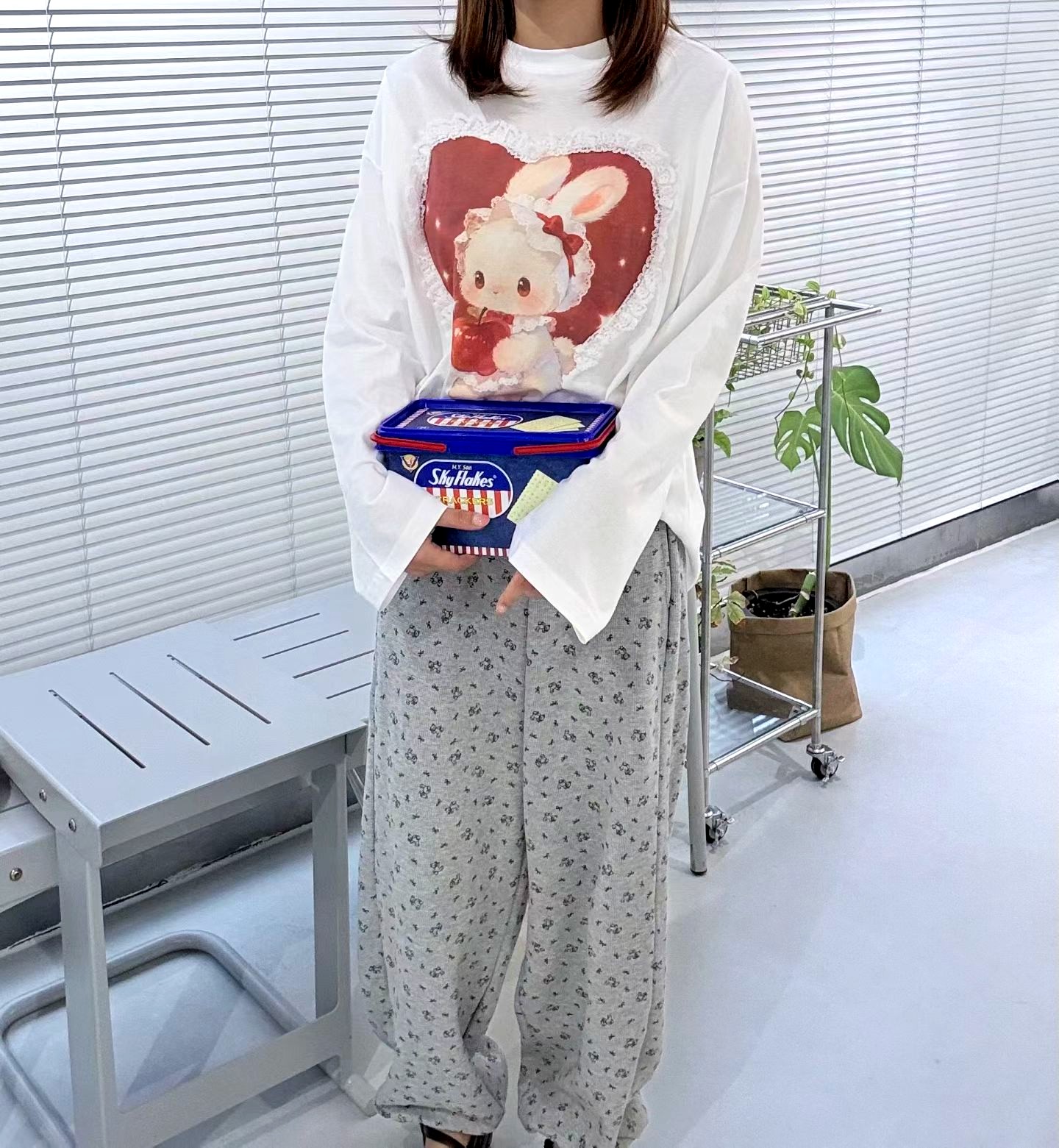 귀여운 토끼 패턴 여성 상의, 편안한 캐주얼 스타일