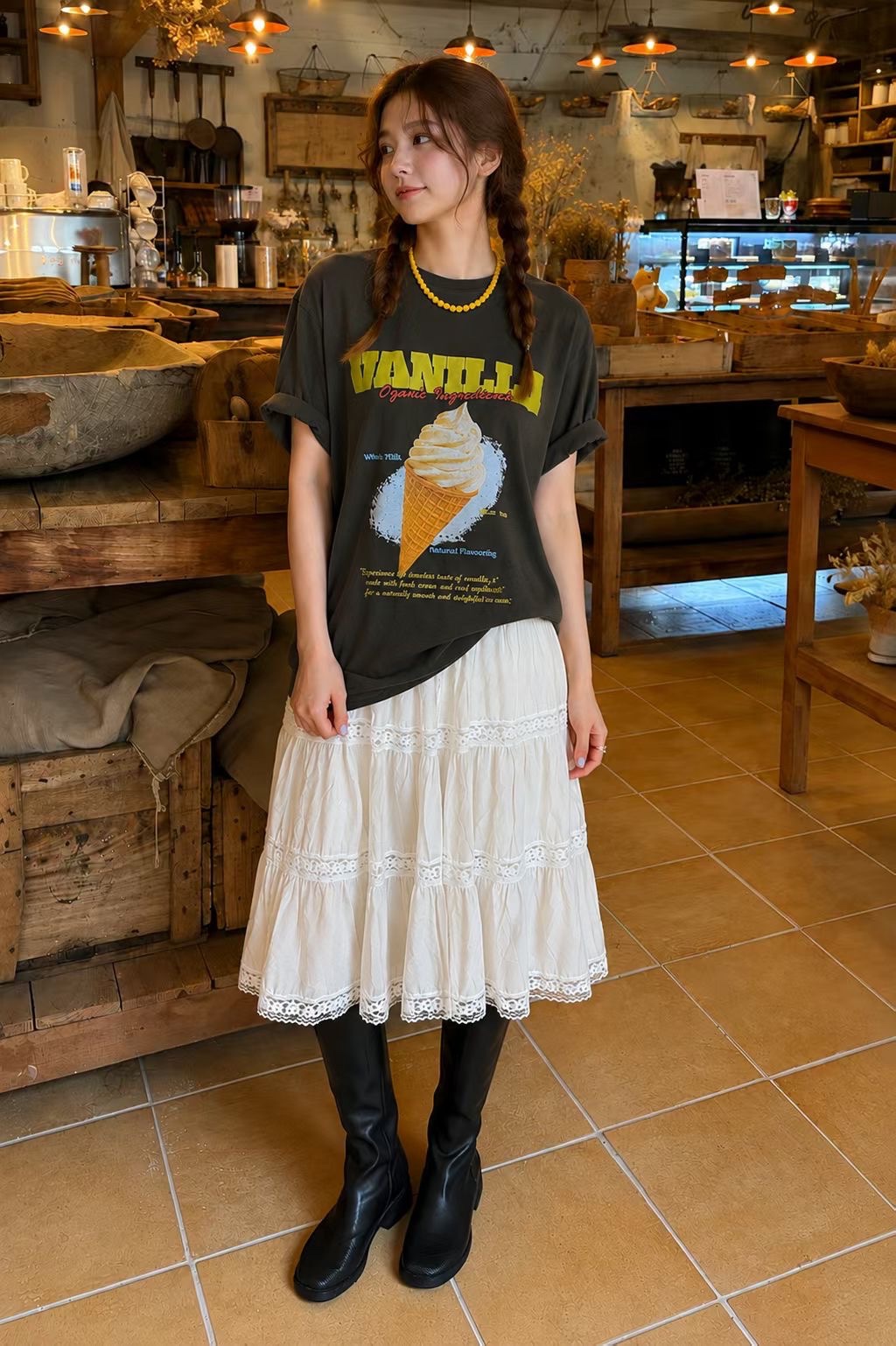 T-Shirt Wanita Cetakan Ais Krim Gaya Retro