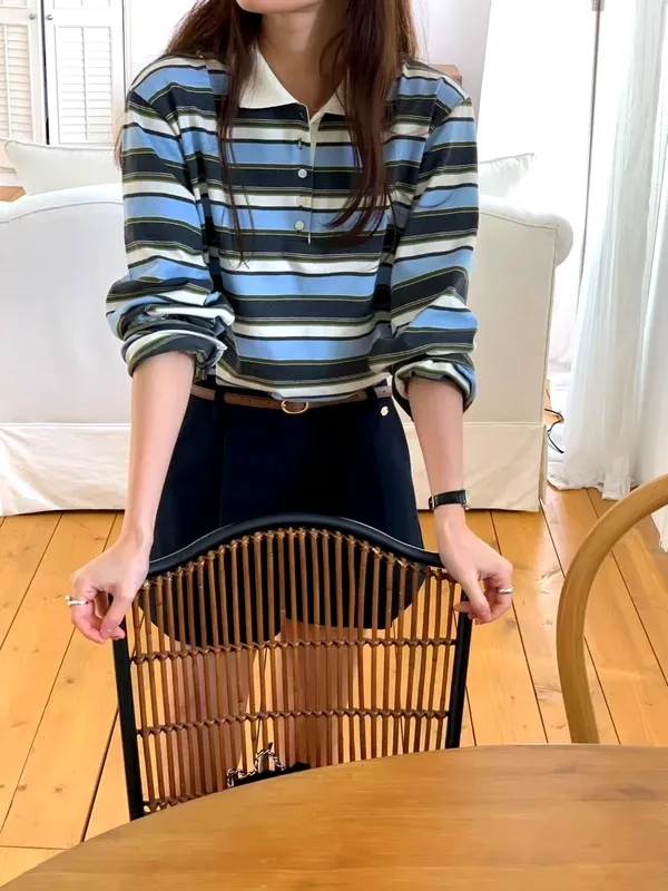 Striped Patchwork Women's Top, Fashionable Casual Style