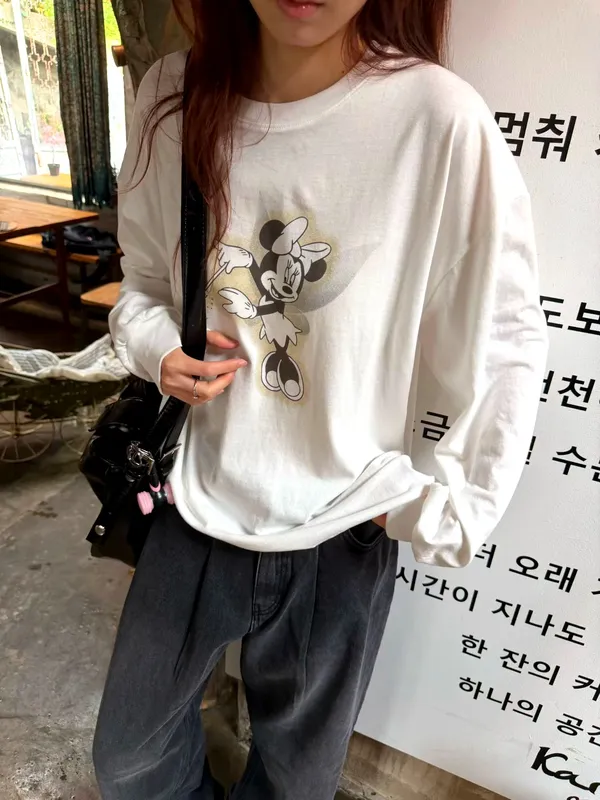 Cute Mickey Print Loose T-Shirt, Fashionable and Casual