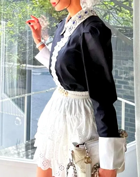 Elegant Lace Decor Women's Top in Classic Black and White