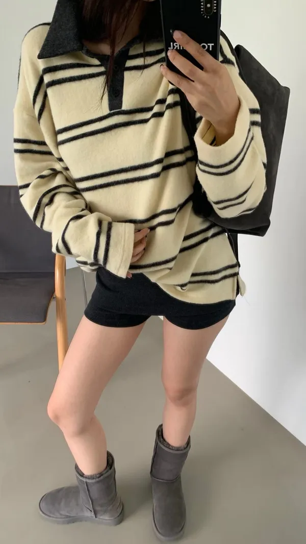 Striped Patchwork Warm T-Shirt, Fashionable Casual Style