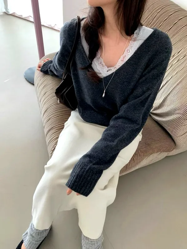 우아한 레이스 트림 스웨터, 따뜻하고 스타일리시한 선택